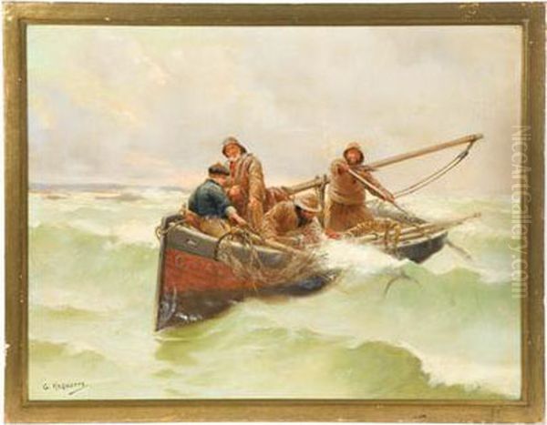 Fishermen At Sea Oil Painting by George Haquette