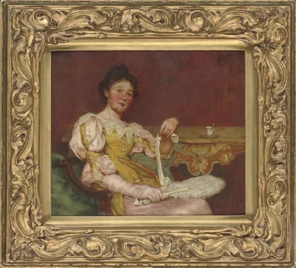 An Elegant Lady Seated In An Interior Oil Painting by George Harcourt