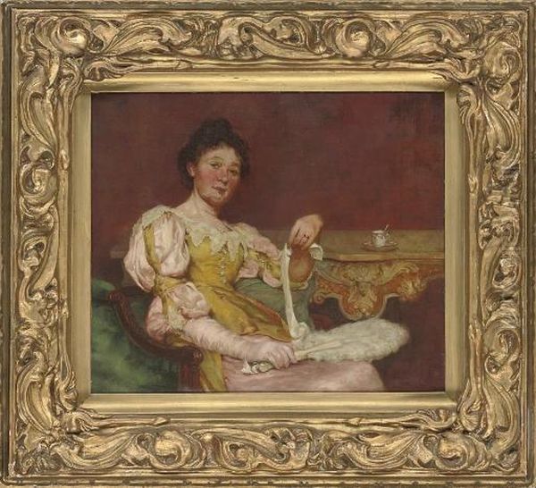 An Elegant Lady Seated In An Interior Oil Painting by George Harcourt