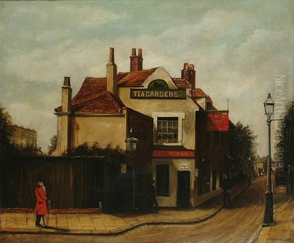 A Street Scene Thought To Be In Chelsea, Showing The Black Lion And A Chelsea Penionser Oil Painting by John Harden