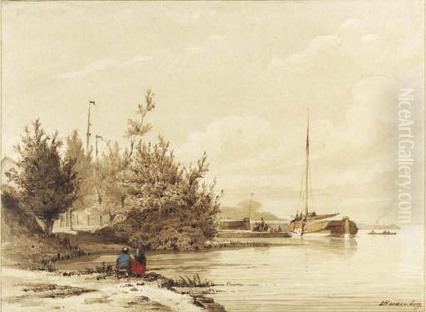 A Fisherman And His Wife By A River, A Moored Sailing Vessel Withfigures On A Jetty Beyond Oil Painting by Lambertus Hardenberg