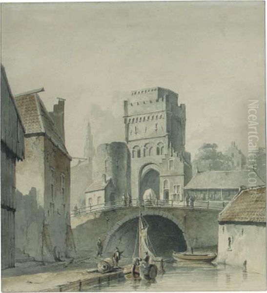 A View Of A Town With A Gate Over A Canal, A Church Beyond Oil Painting by Lambertus Hardenberg