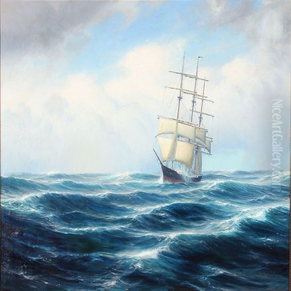 Seascape With A Sailing Ship In High Waves Oil Painting by Johannes Hardes