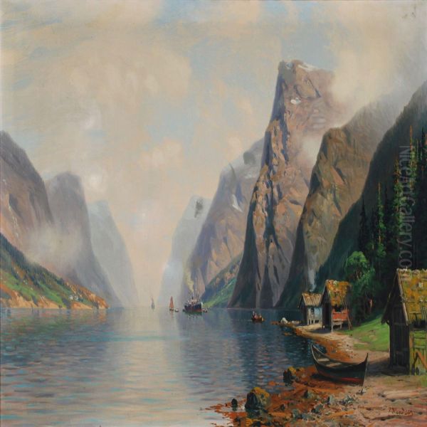 Norwegian Mountainscape With Houses And Ships Oil Painting by Johannes Hardes