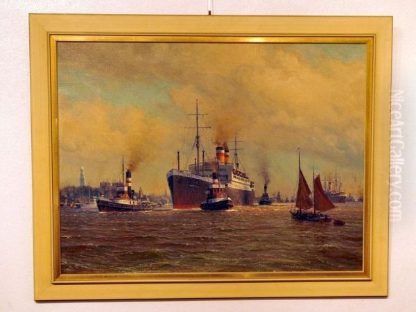 Blick Auf Die Elbe Vor Hamburg Mit Mehreren Dampf Oil Painting by Johannes Hardes