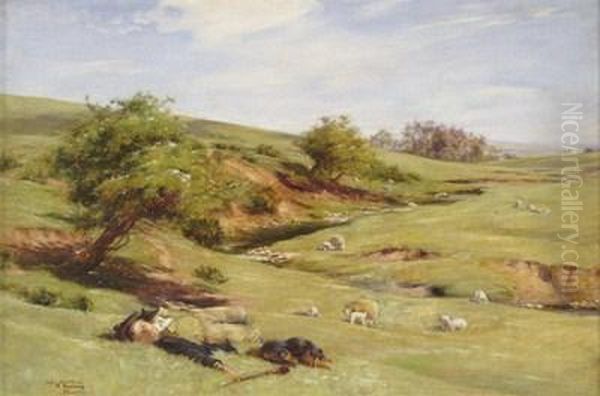 A Shepherd And Sheepdog Resting In A Moorland River Landscape Oil Painting by Charles Martin Hardie