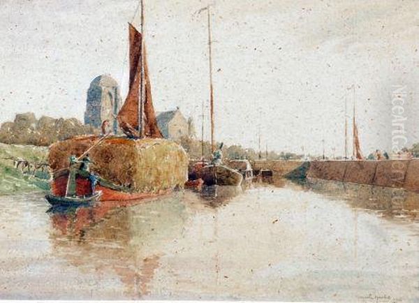 River Scene With Hay Barge Oil Painting by Martin Hardie