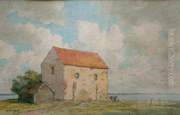 Anold Barn With Figures By A Shore Oil Painting by Martin Hardie