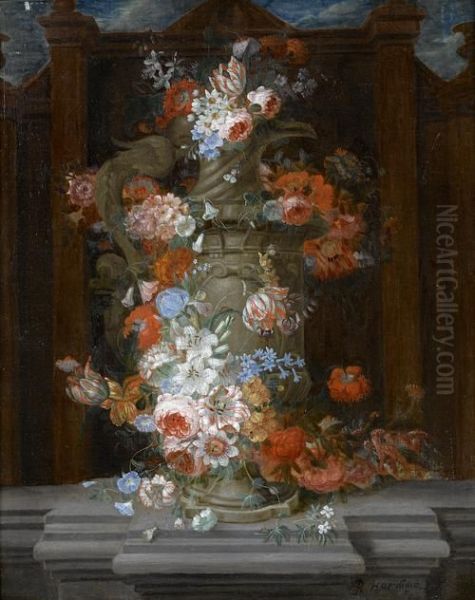 Roses, Tulips, Narcissi And Other Flowers In A Classical Urn On A Carved Stone Ledge Oil Painting by Pieter Hardime