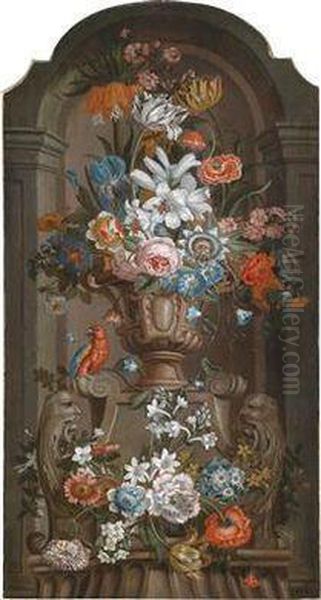 A Magnificent Still Life And A Vase Of Flowers And A Parrot In A Niche Oil Painting by Pieter Hardime