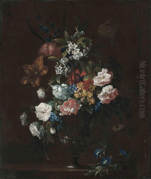 Roses, Tulips, Carnations And Other Flowers In A Sculptured Urn On A Stone Ledge Oil Painting by Simon Hardime