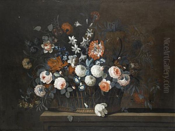 Roses, Chrysanthemums, Honeysuckle And Other Flowers In A Basket On A Table-top Oil Painting by Simon Hardime