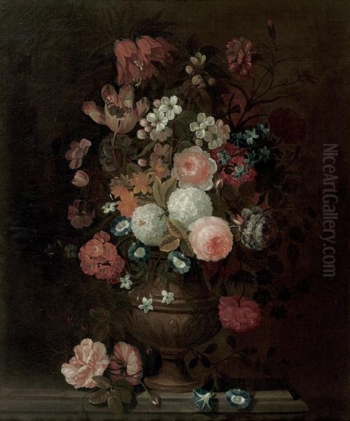 Roses, Tulips, Carnations, Morning Glory And Various Other Flowersin A Vase, On A Stone Ledge Oil Painting by Simon Hardime