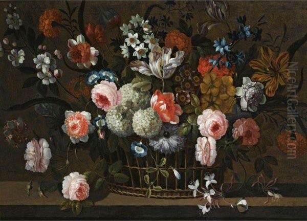 Still Life Of Roses, Daffodils, Morning Glory, Hydrangea, Snowballs, And Other Flowers In A Basket On A Stone Ledge Oil Painting by Simon Hardime