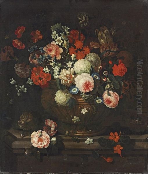 Roses, Tulips, Chrysanthemums And Other Flowers In A Sculptural Urn, On A Stone Ledge Oil Painting by Simon Hardime