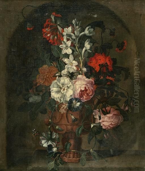 A Floral Still Life With Roses, Bluebells And Other Flowers And A Butterfly In An Earthen Vase Within A Niche Oil Painting by Simon Hardime