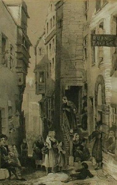 Burns Tavern Street Scene With Figures Oil Painting by James Duffield Harding