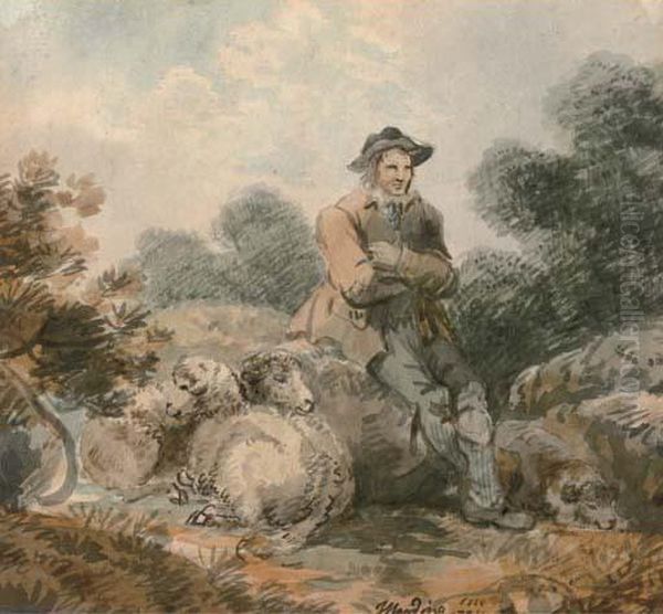 A Shepherd And His Flock Oil Painting by John Harding