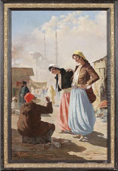 Constantinople, Femmes Turques Marchandant Un Collier Oil Painting by D.T. Hardouin