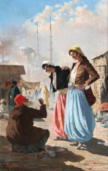 Femmes Turques Marchandant Un Collier Aconstantinople Oil Painting by D.T. Hardouin