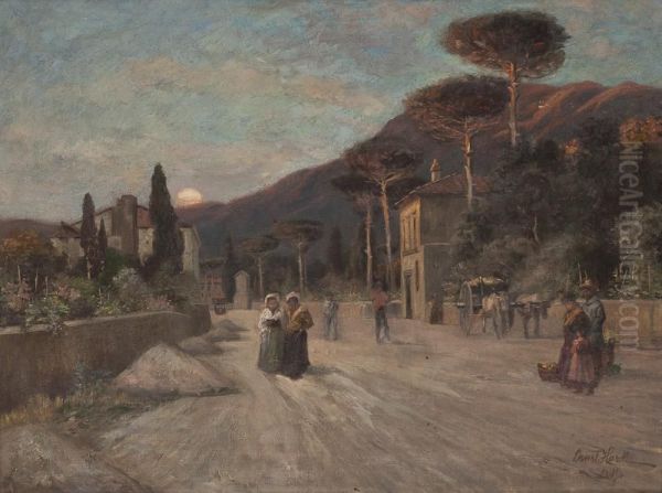 Abendspaziergang In Italienischer Landschaft Oil Painting by Ernst Hardt