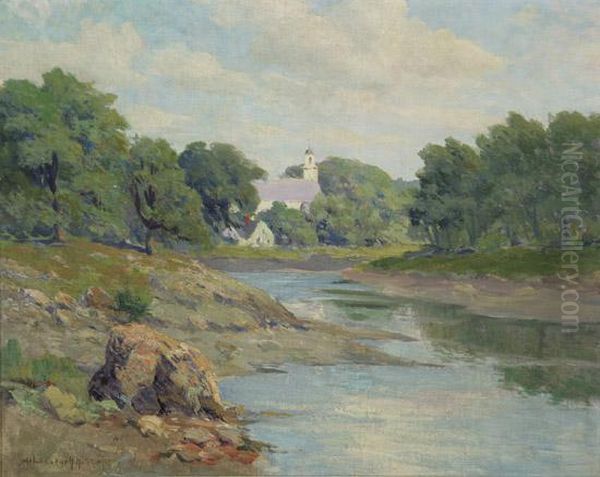 New England Church Along The River Oil Painting by Melbourne Havelock Hardwick