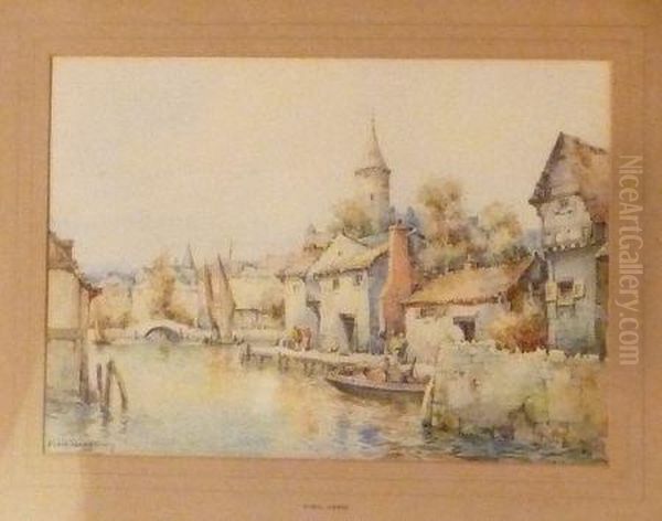 Continental Town Riverscape Oil Painting by Cyril Hardy