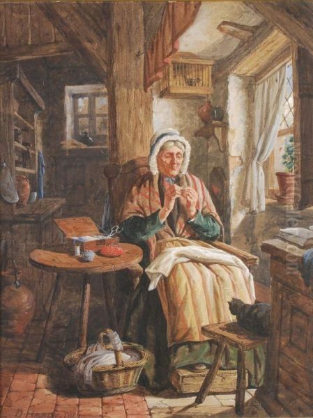 A Ladyknitting In An Interior Oil Painting by David Hardy