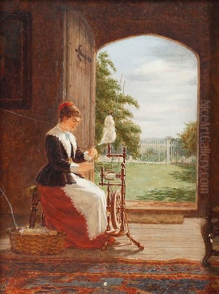 Young Woman Seated At A Spinning Wheel In An Interior, Before An Open Door Oil Painting by Dorofield Hardy