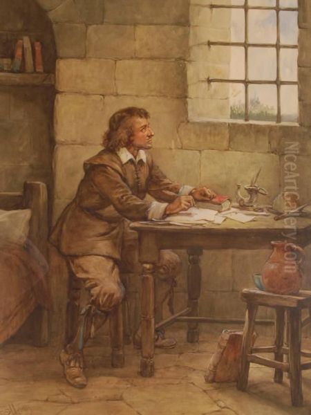 John Bunyan In His Prison Cell Writing Pilgrims Progress Oil Painting by Evelyn Stuart Hardy