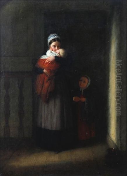 Mother With Two Children Oil Painting by Frederick Daniel Hardy