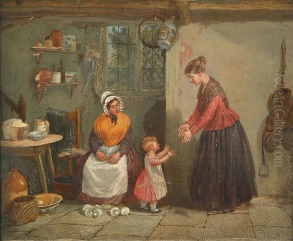 Figures In A Cottage Interior Oil Painting by Frederick Daniel Hardy