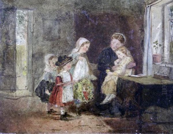 Interior With Mother And Children Oil Painting by George Hardy