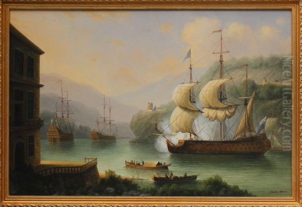 Warship Off A Fortified Coast Oil Painting by James Hardy