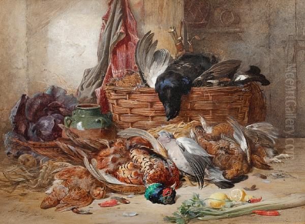 Still Life Of Game And A Wicker Basket In Akitchen Oil Painting by James Hardy