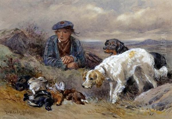 Young Ghillie And Spaniels With The Days Bag Oil Painting by James Jnr Hardy