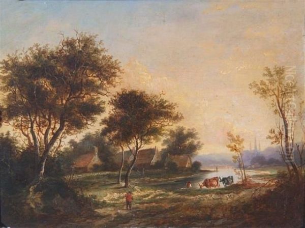 Cattlewatering At A Village Riverside Oil Painting by William F. Hardy