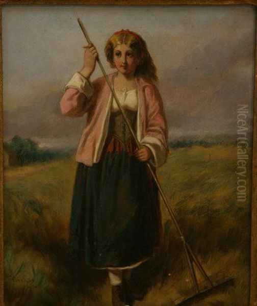 Girl With Rake Oil Painting by William F. Hardy