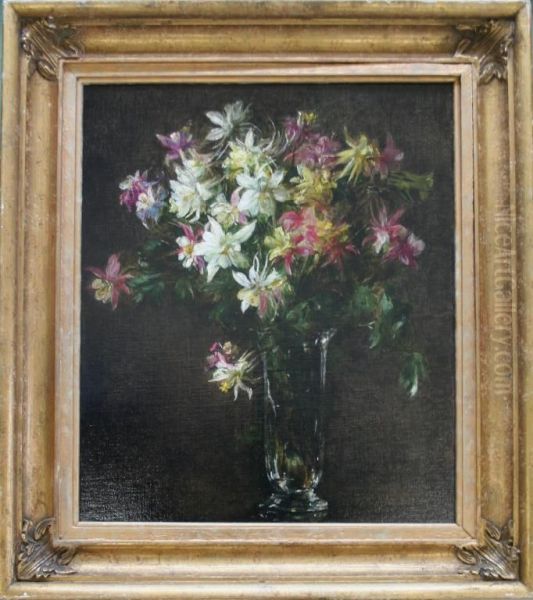 Homage To Fantin Latour: Mixed Aquiliegia In A Glass Vase Oil Painting by Julius Hare