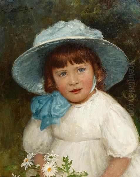 Portrait Of A Young Girl In A Blue Bonnetholding A Bouquet Of Daises Oil Painting by Julius Hare