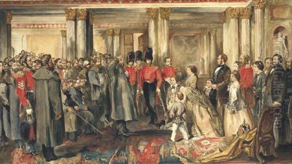 Queen Victoria Receiving Her Guards On Their Return From Thecrimean War Oil Painting by William Hare