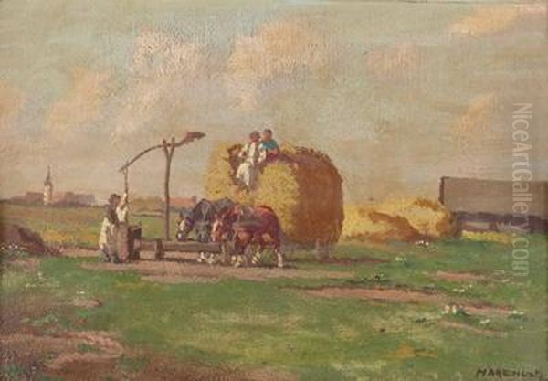 Pferde Mit Heuwagen Ander Tranke Oil Painting by Harenczy