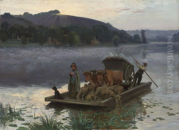 The River Ferry At Dawn Oil Painting by Ernest Hareux