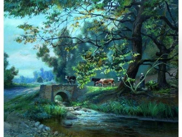 Paysage Au Petit Pont Oil Painting by Ernest Hareux