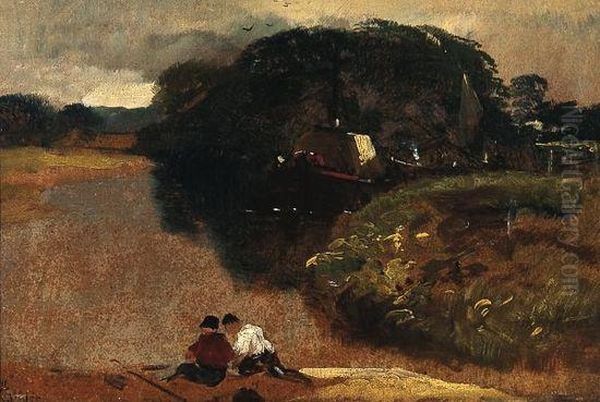 Boys Fishing Near A Barge Oil Painting by Edward Hargitt