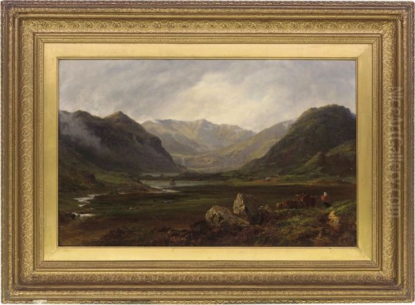 A Figure And Cattle In An Extensive Highland Landscape Oil Painting by Edward Hargitt