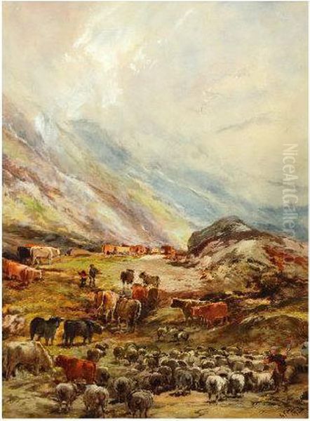 Driving Highland Cattle To Falkirk Tryst Oil Painting by George Fredrick Hargitt