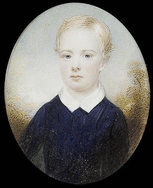 A Young Boy, Wearing Dark Blue Suit With White Collar, Landscape Background Oil Painting by George Hargreaves