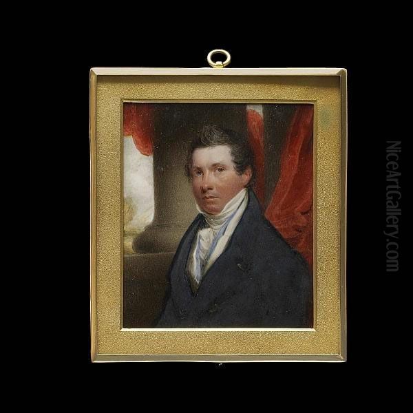 A Gentleman, Wearing Blue Coat, White Waistcoat, Pale Blue Solitaire, Frilled White Chemise And Stock, Pillar And Red Curtain Background. Oil Painting by Thomas Hargreaves