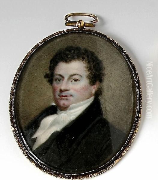 A Portrait Miniature Of A Gentleman Wearing Black Coat With High Collar, And White Stock, Oval Oil Painting by Thomas Hargreaves